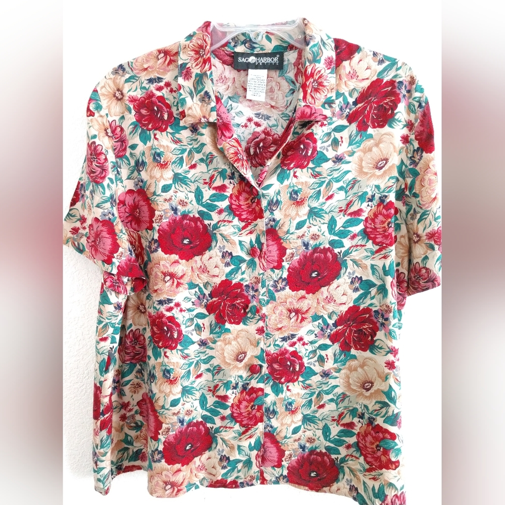 Pretty Sag Harbor Petite Floral Shirt Short Sleeve Cottagecore Size PL Chest 40"